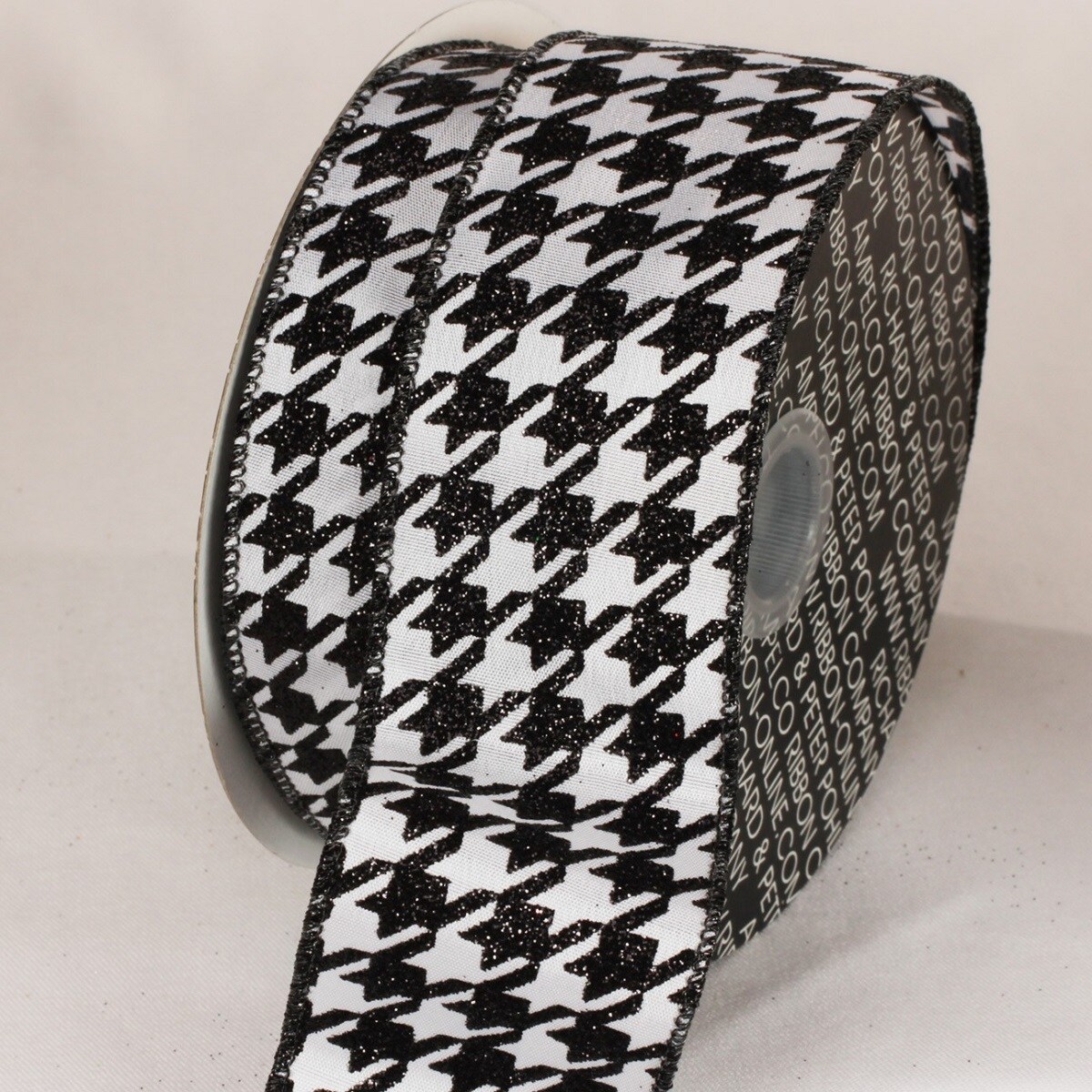The Ribbon People Lily White and Black Sparkle Hounds tooth Wired Craft Ribbon 2" x 20 Yards