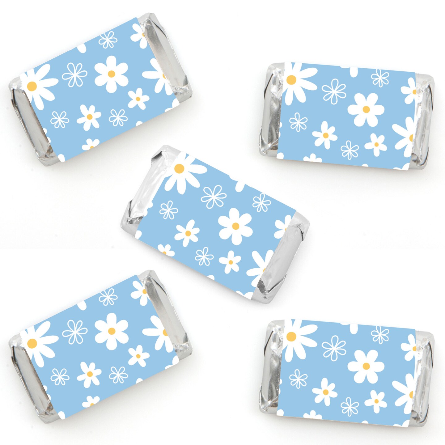 Big Dot of Happiness Blue Daisy Flowers - Mini Candy Bar Wrapper Stickers - Floral Party Small Favors - 40 Count
