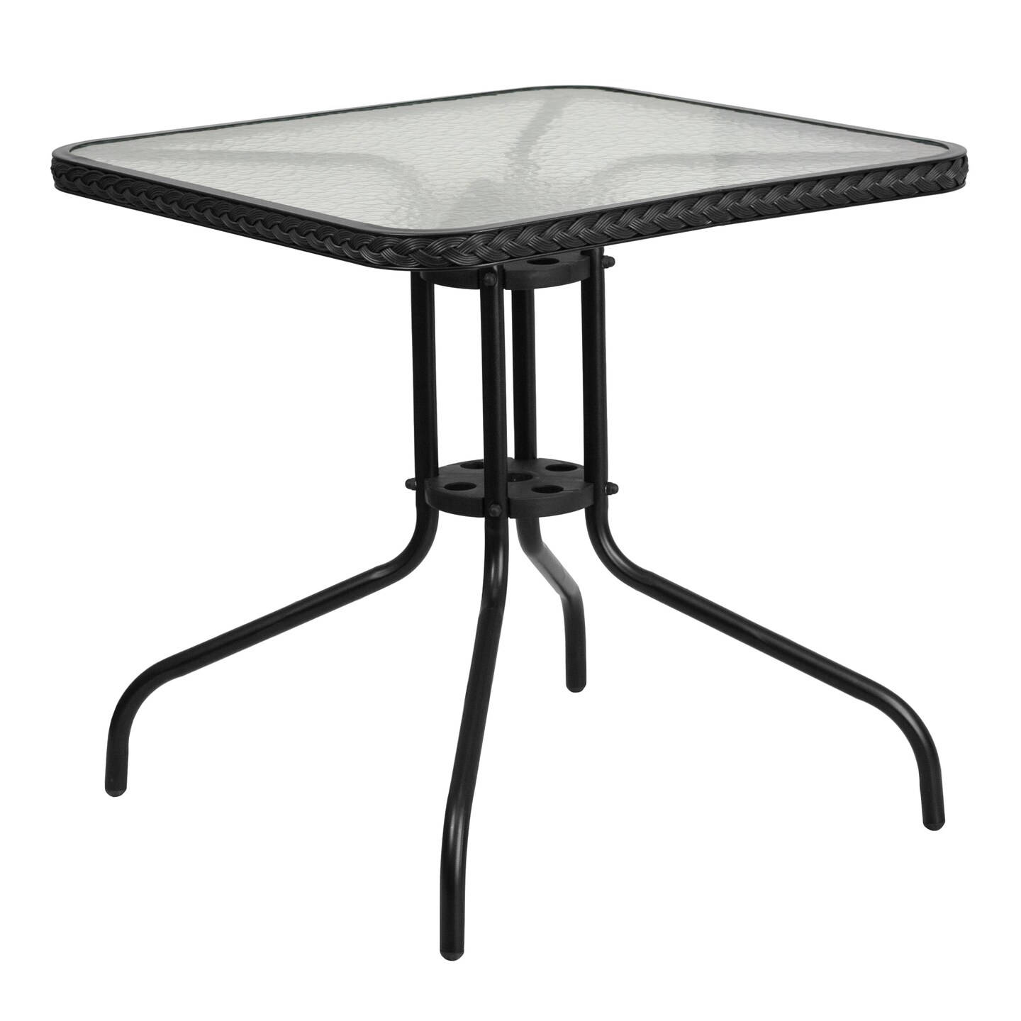 Flash Furniture 28&#x22; Black Tempered Glass Square Outdoor Patio Table with Rattan Edging