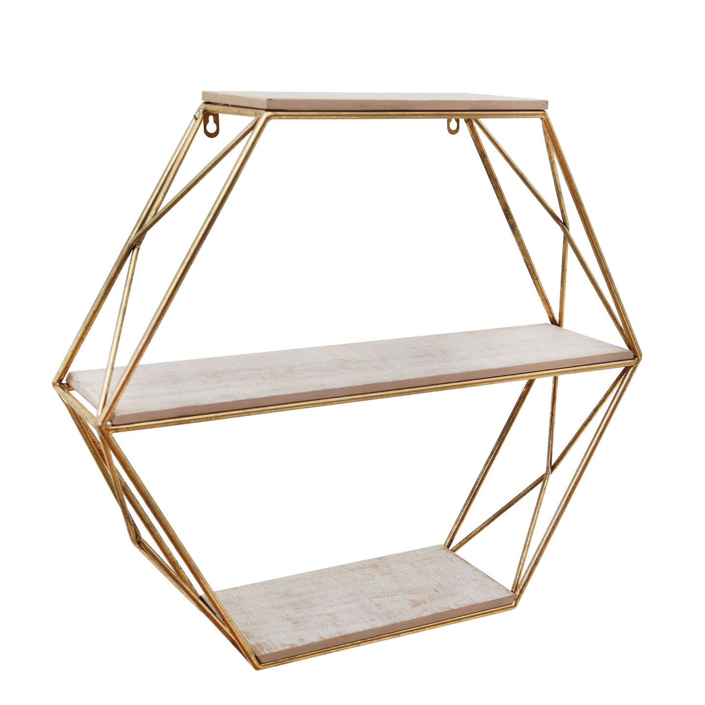 Kingston Living 23.75" Gold and White Solid Glossy 3 Tier Hexagon Wall Shelf