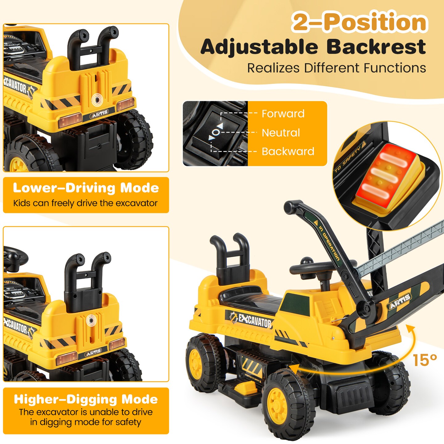 Yerloa Musical Excavator Toy Truck With Lights - Construction Vehicle Push Toy For Toddlers 1-4 Years Old