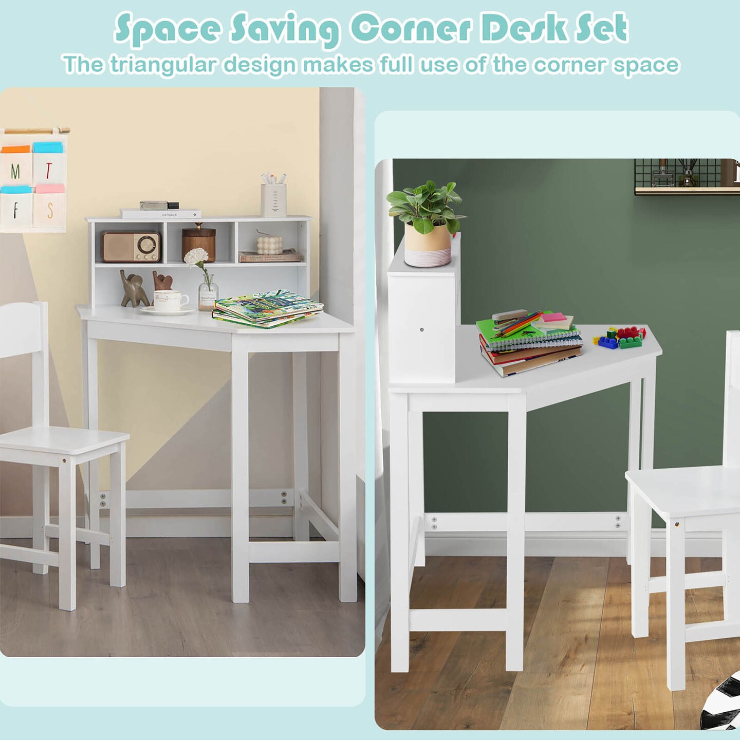 Costway Kids Corner Desk & Chair Set Wooden Study Writing Workstation with Storage & Hutch