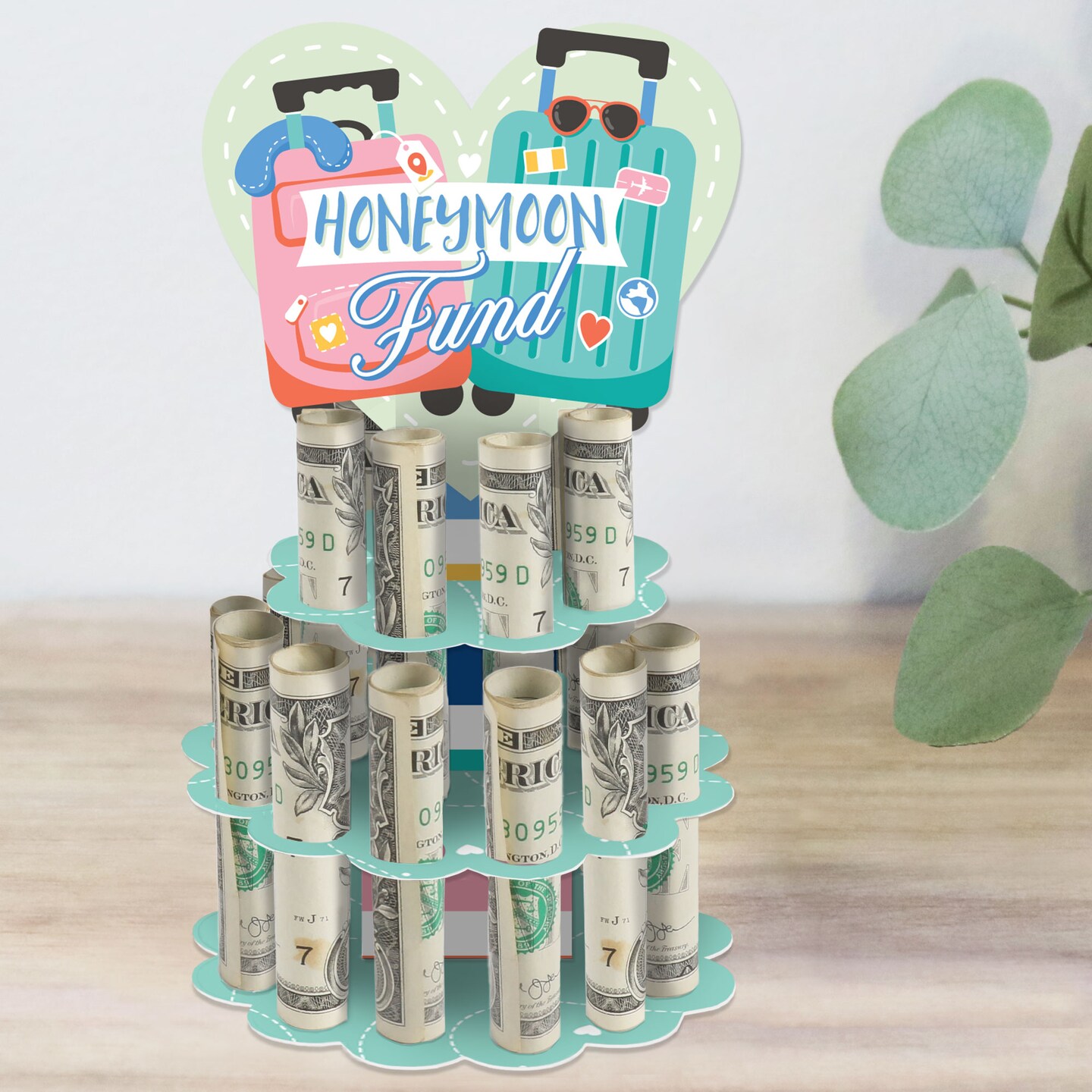 Big Dot of Happiness Honeymoon Fund - DIY Wedding or Engagement Party Money Holder Gift - Cash Cake