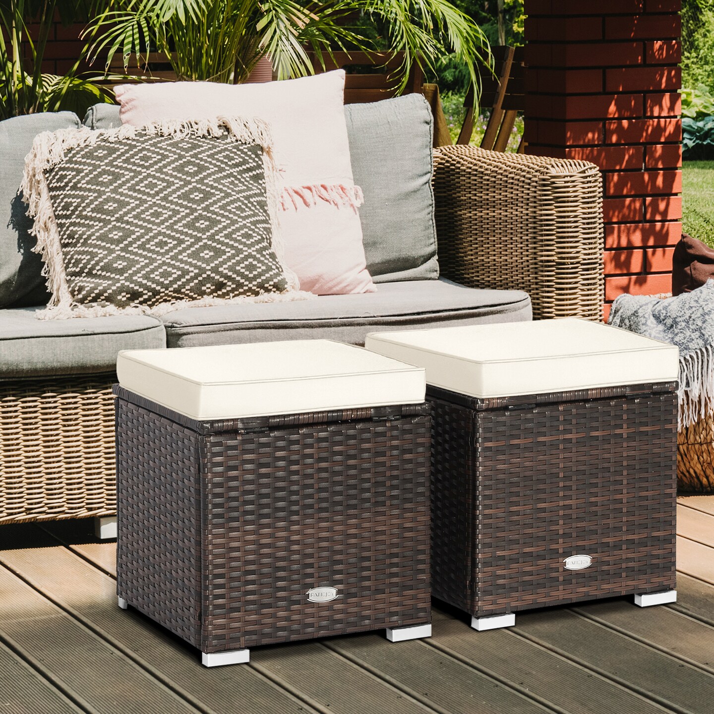 2 Pieces Patio Storage Ottoman with Removable and Washable Cushions