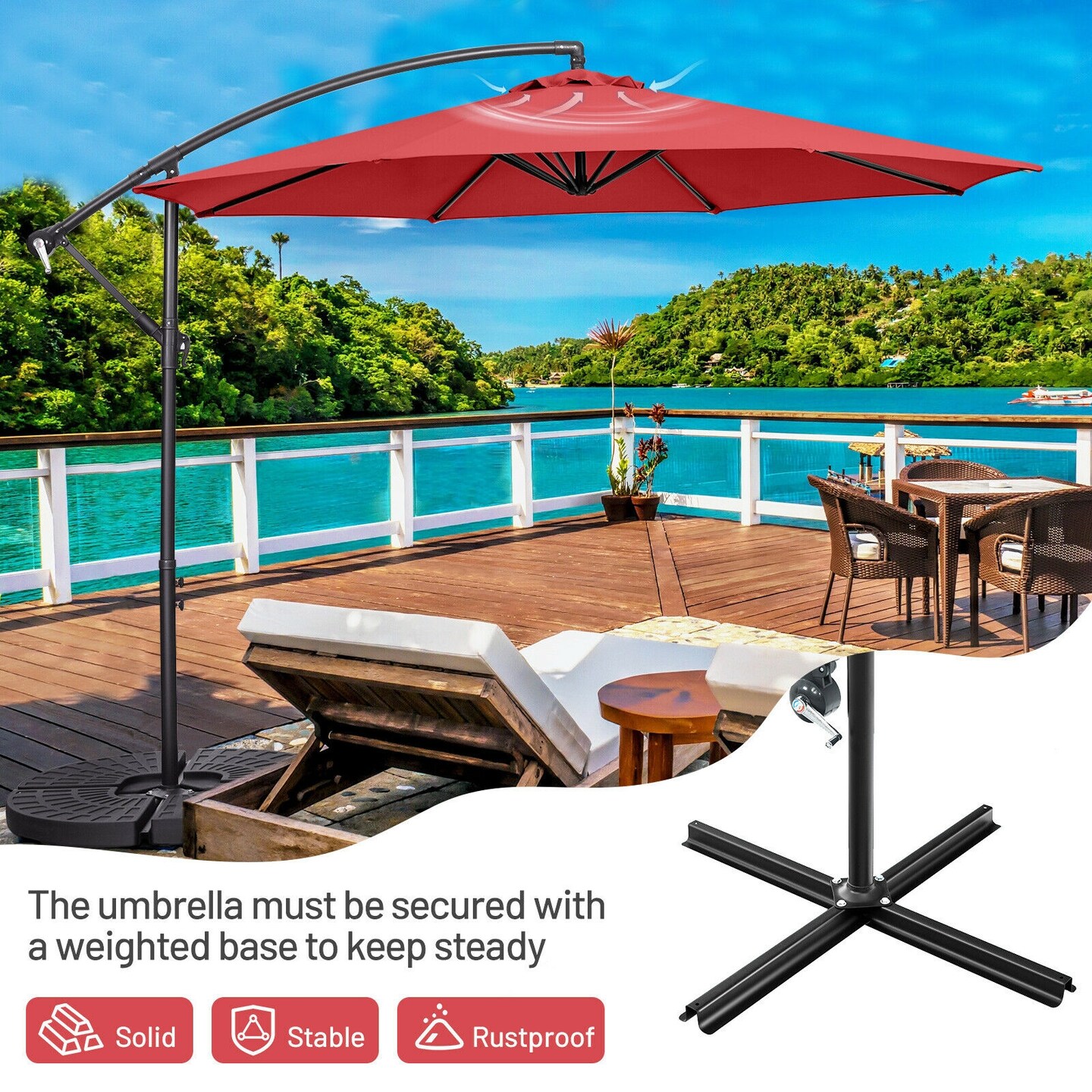 10 Feet Offset Umbrella with 8 Ribs Cantilever and Cross Base Tilt Adjustment