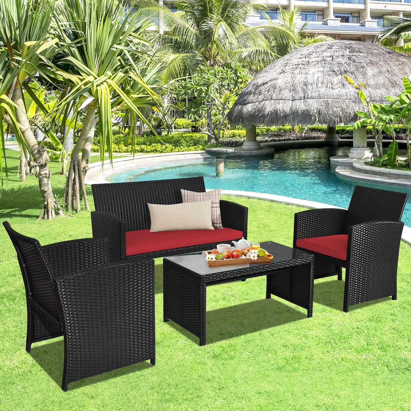 4 Pcs Wicker Conversation Furniture Set Patio Sofa and Table Set