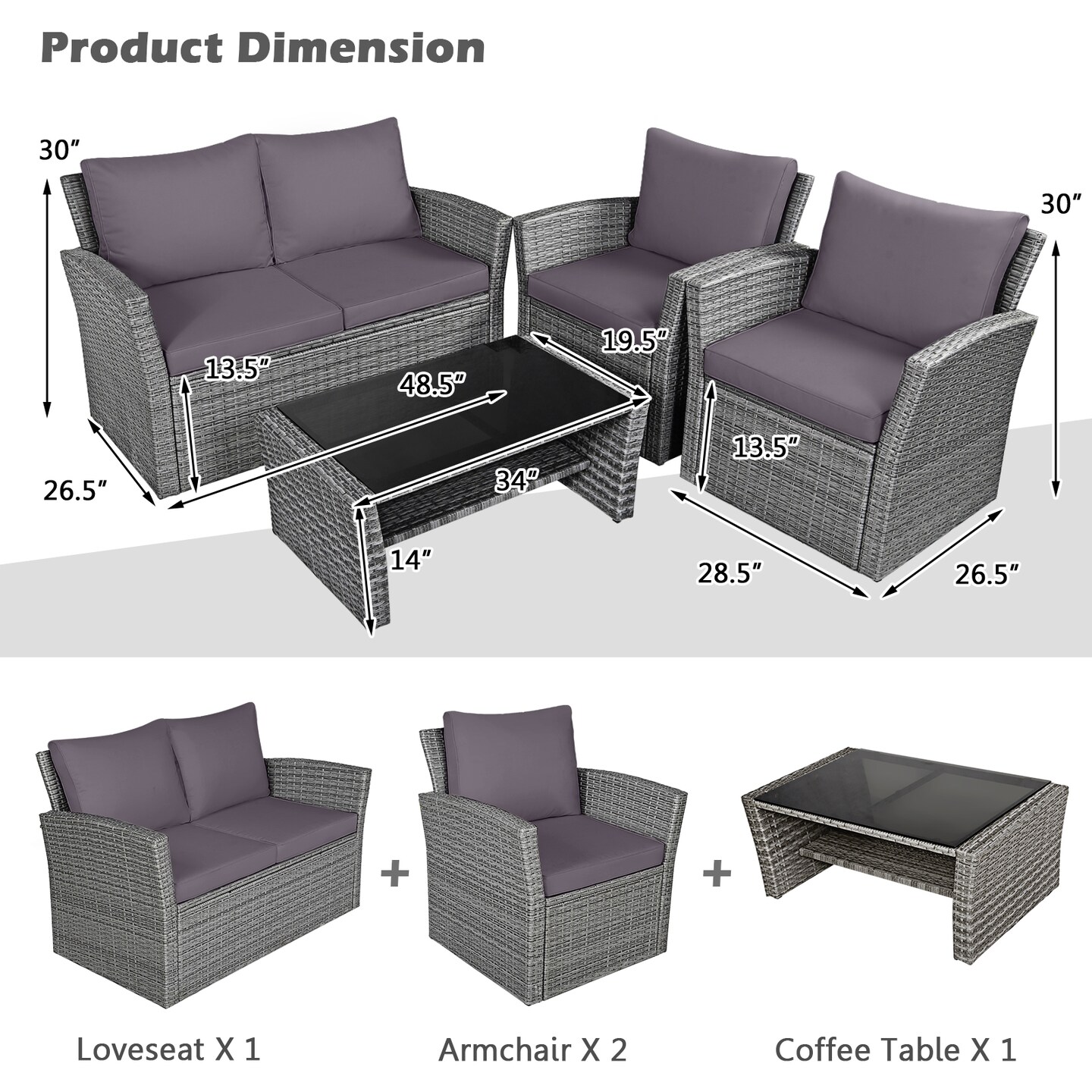 4 Pieces Patio Rattan Furniture Set Sofa Table with Storage Shelf Cushion