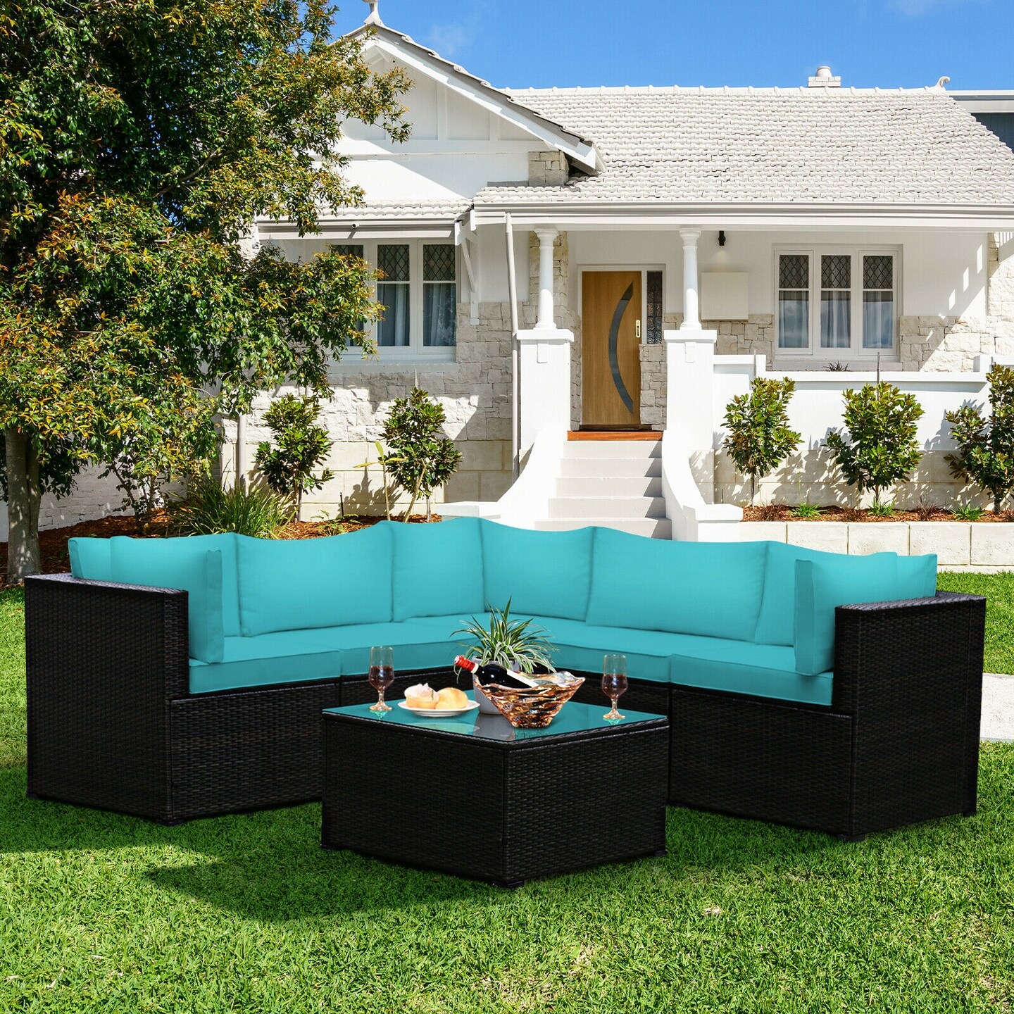 6 Pieces Patio Rattan Furniture Set Sectional Cushioned Sofa Deck