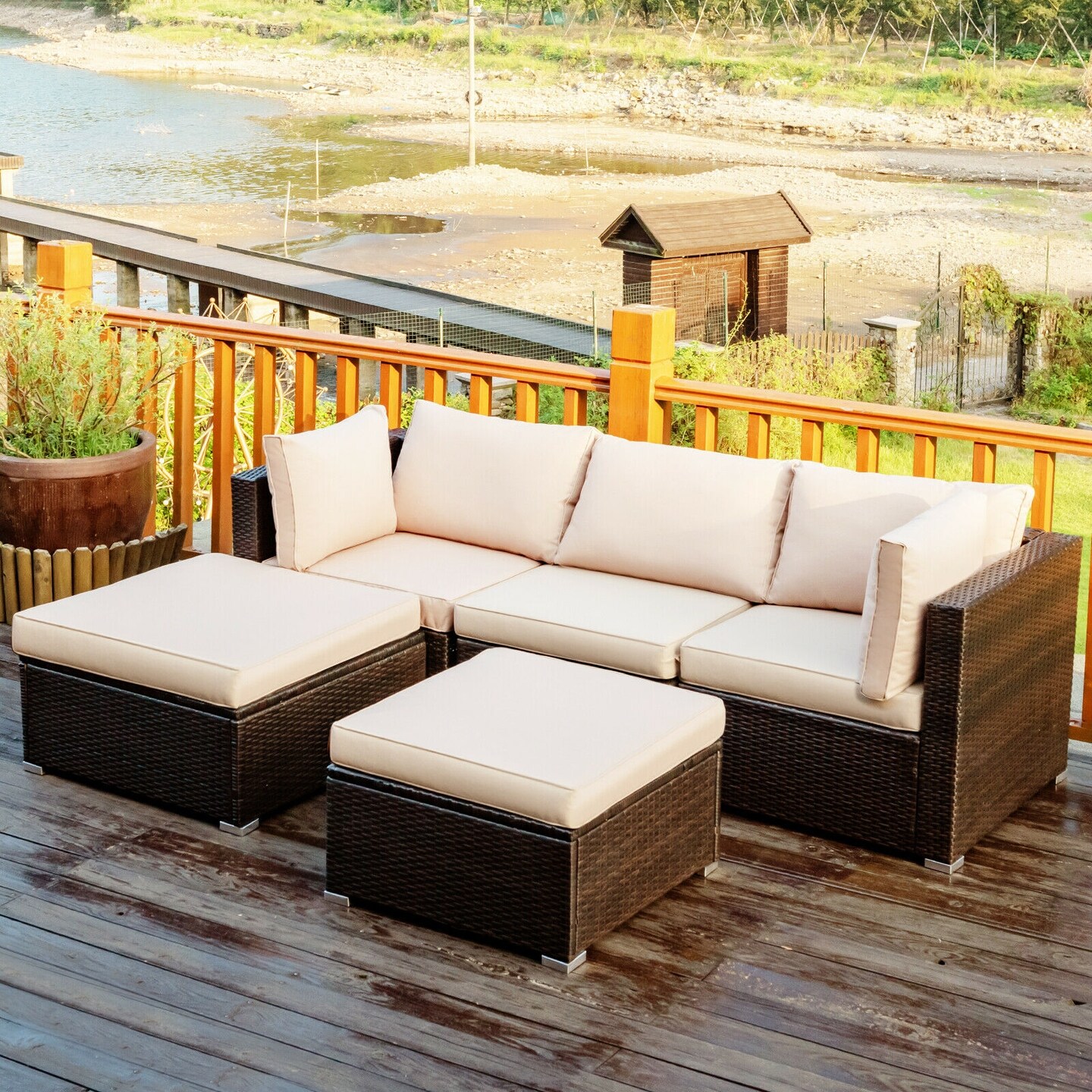 5 Pieces Patio Sectional Rattan Furniture Set with Ottoman Table
