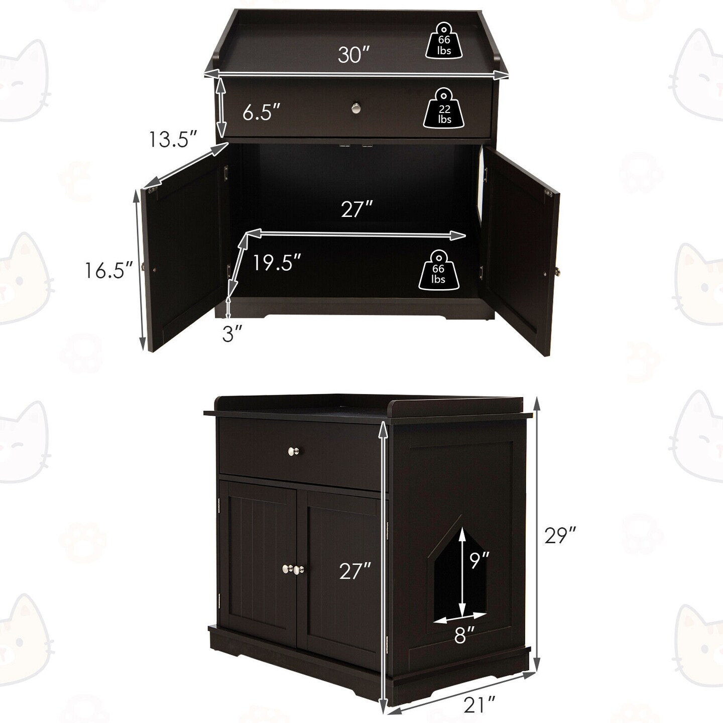 Wooden Cat Litter Box Enclosure with Drawer Side Table Furniture