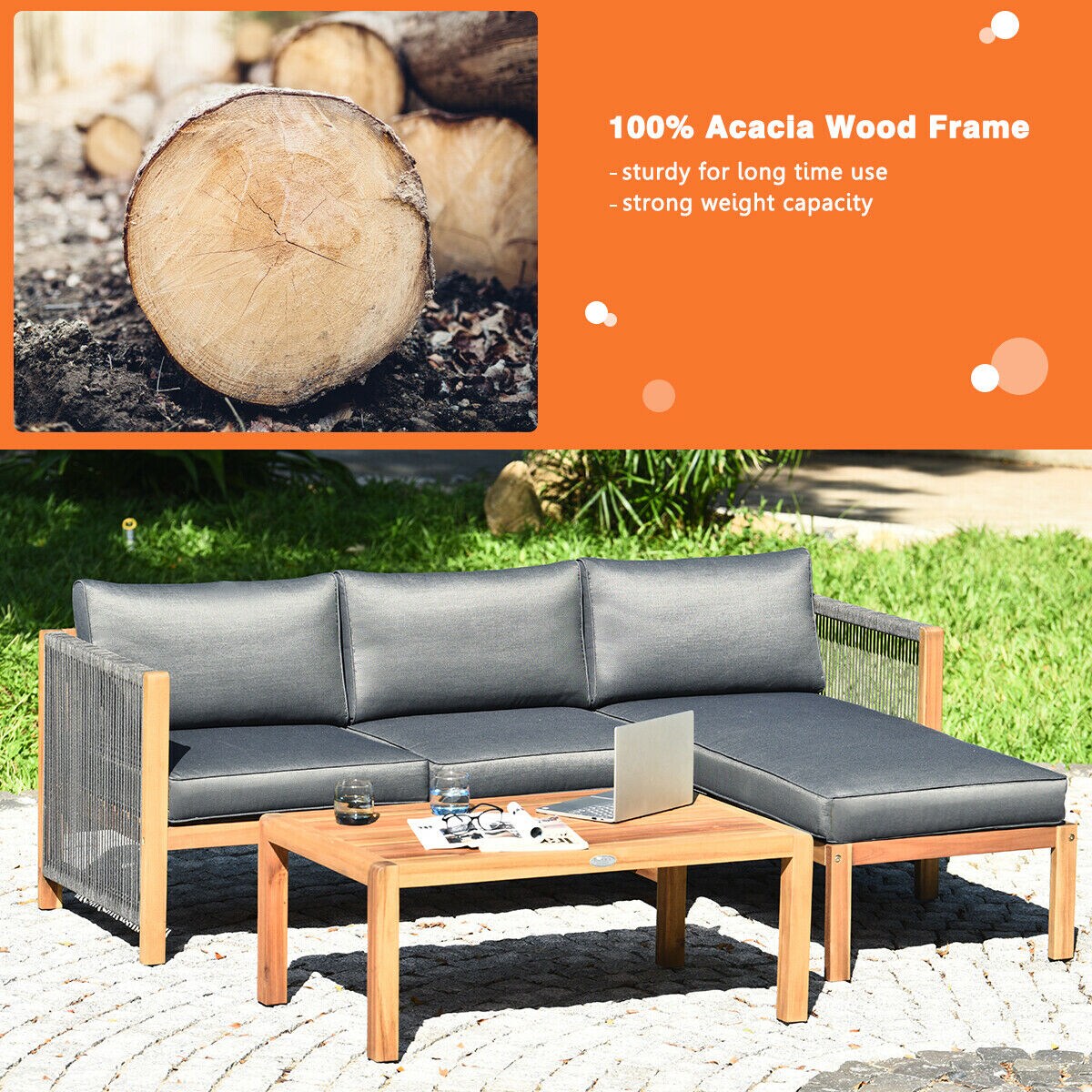 3 Piece Patio Acacia Sofa Set With Nylon Armrest