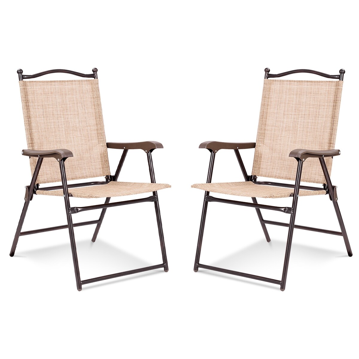 Set of 2 Patio Folding Sling Back Camping Deck Chairs with Steel Tube and Plastic Frame