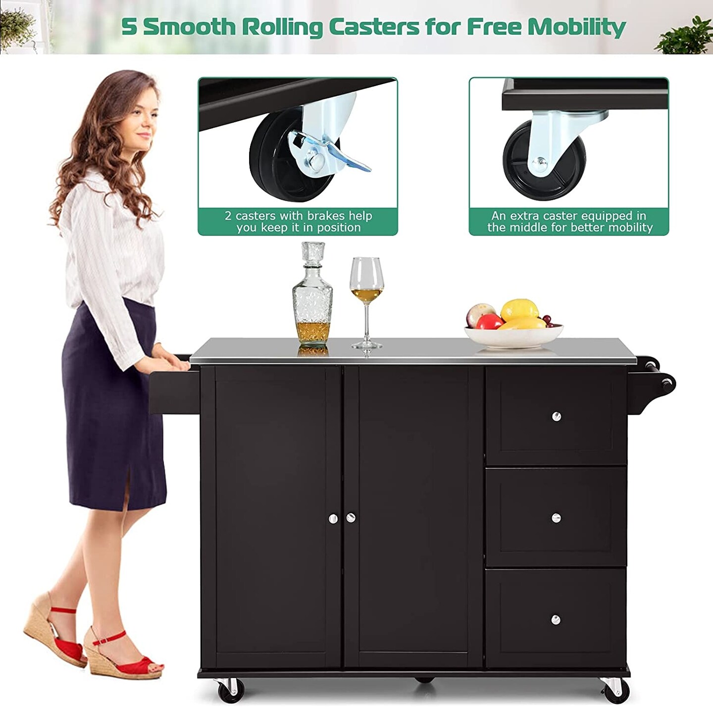 Kitchen Island 2-Door Storage Cabinet with Drawers and Stainless Steel Top