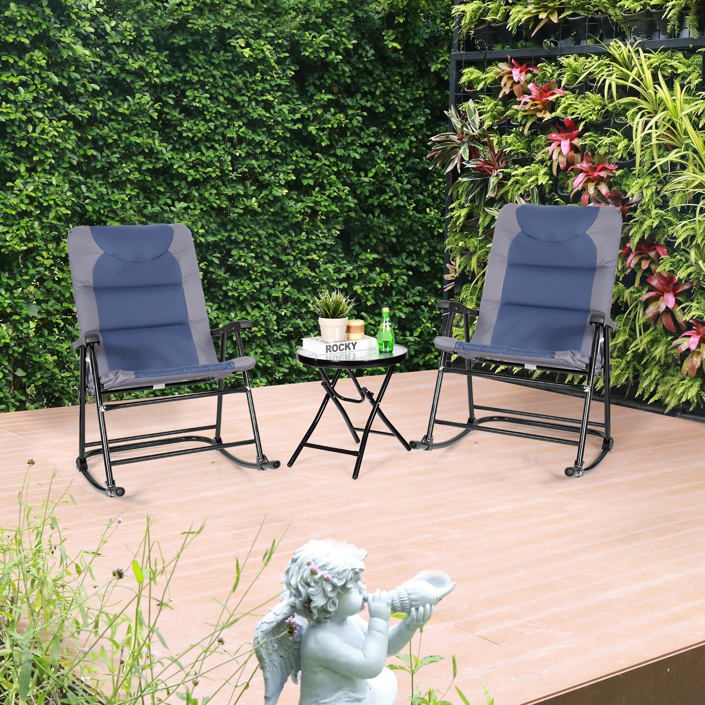 3 Pcs Outdoor Folding Rocking Chair Table Set with Cushion
