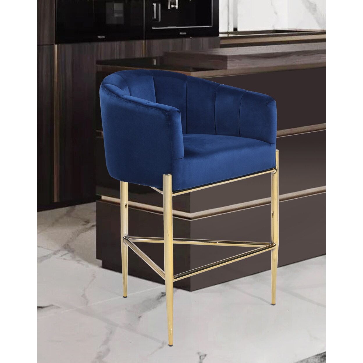Iconic Home   Ardee Counter Stool Chair Velvet Upholstered Shelter Arm Shell Design 3 Legged Gold Tone Solid Metal Base