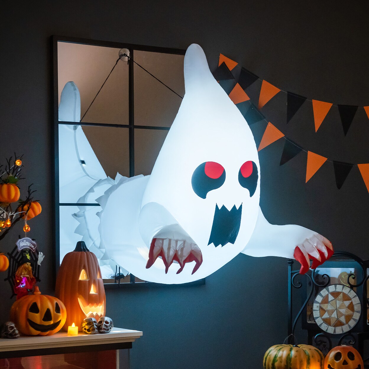 3.3 Ft Inflatable Ghost Broke Out From Window W/ Built-In Led Lights Indoor