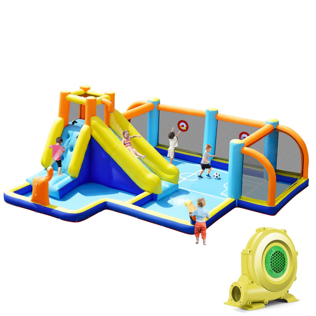 Inflatable Water Slide 7-In-1 Giant Kids Wet Dry Bounce House W/ 735W Blower