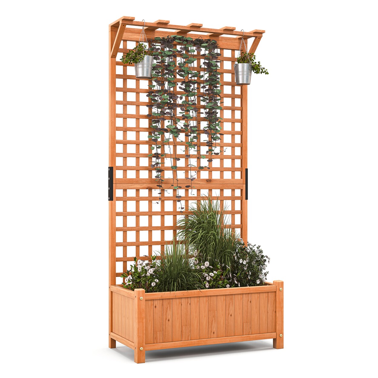 Wooden Planter Raised Garden Bed W/ Planter Box And Trellis Indoor And Outdoor
