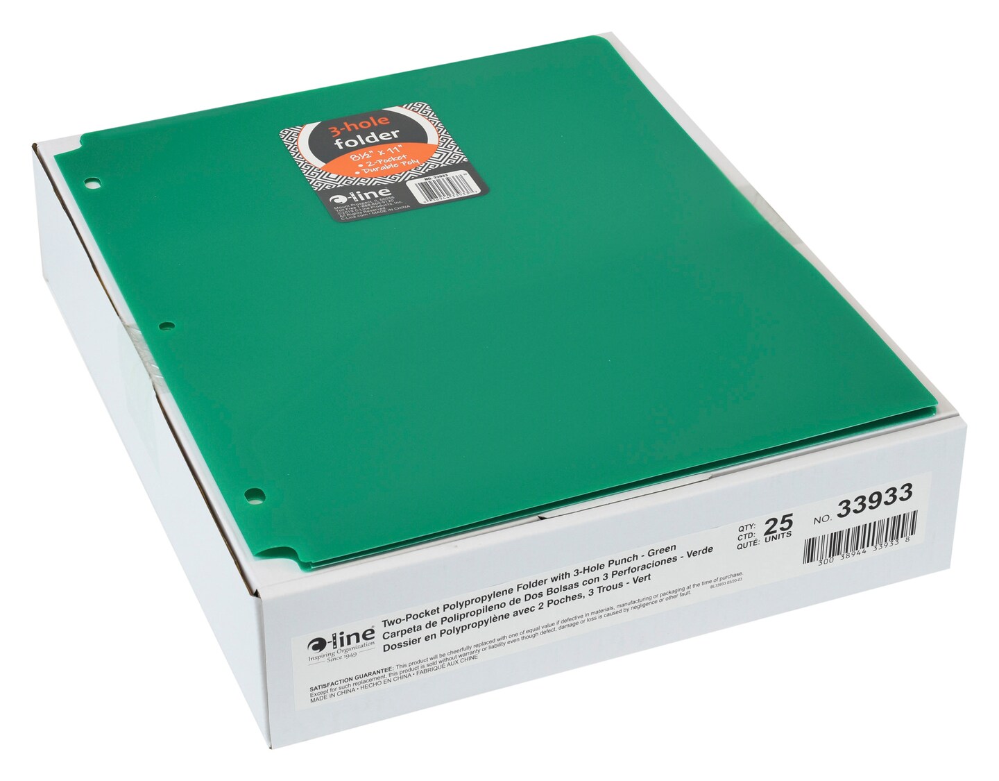 C-Line 2-Pocket Poly Folder, 3 Hole Punched, Green, Pack of 25