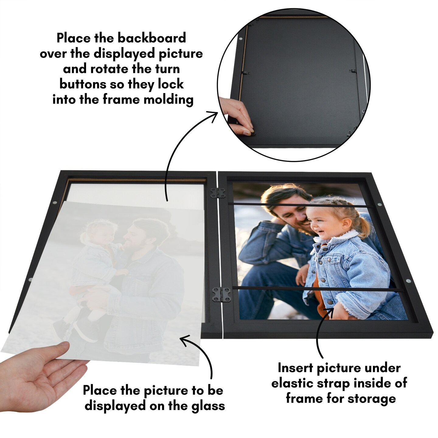 Americanflat Quick-Change Photo Storage Display Frame - Store up to 35 Pictures at Once with Elastic Strap Storage - Shatter Resistant Glass - Hanging Hardware - Includes Easel - Black