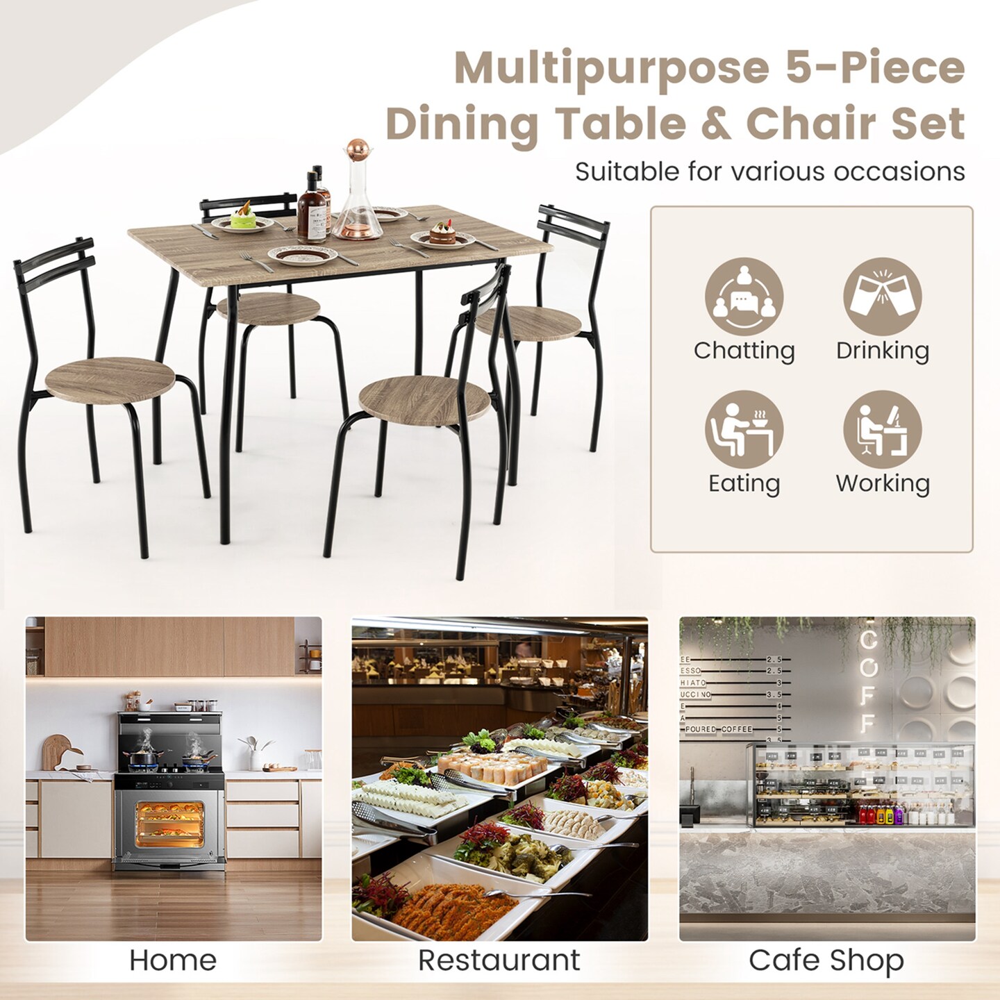 Costway 5PCS Dining Table Set 4 Chairs Wood &#x26; Metal Frame Space-saving Kitchen Furniture