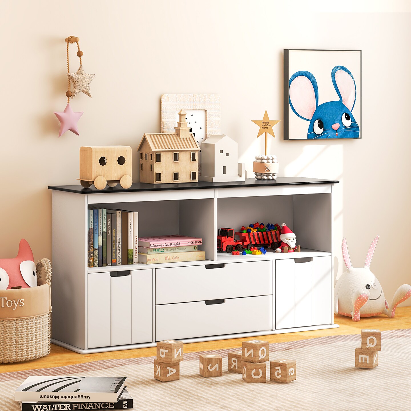 Costway Kids Toy Storage Organizer Wooden Bookshelf TV Stand with  Drawers Blackboard Top