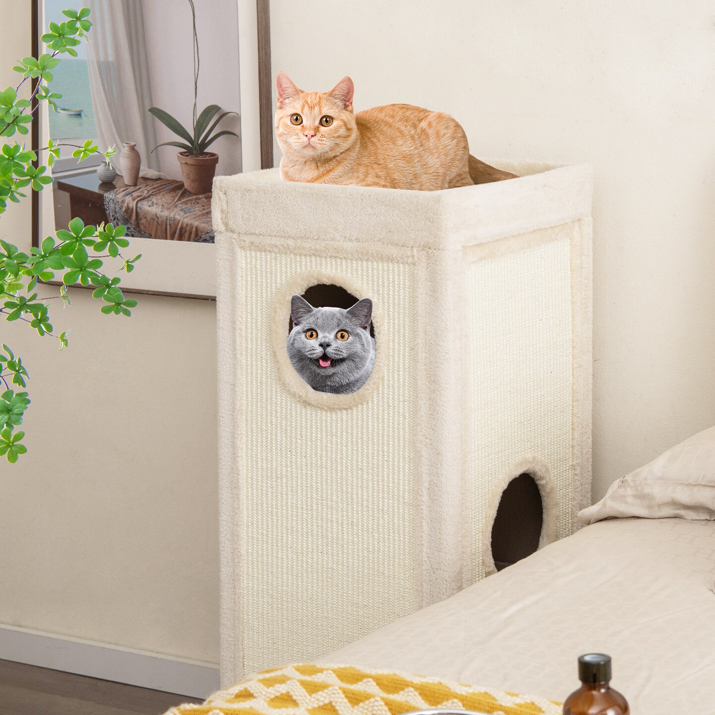 Costway 4-Story Cat House 39&#x27;&#x27; Cat Condo with Scratching Posts &#x26; 4 Soft Plush Cushions Gray/Natural