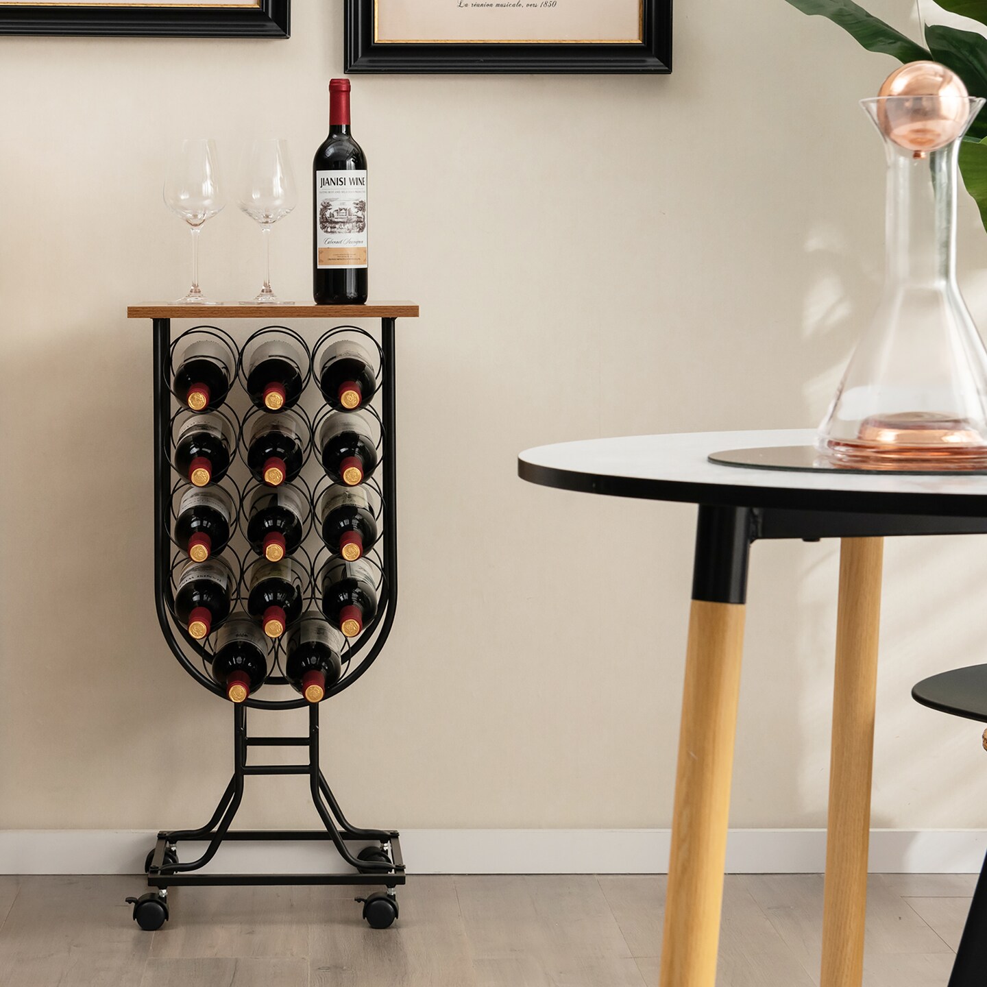 Costway 14 Bottles Wine Rack Console Table Freestanding Wine Storage with Woodtop &#x26; Wheels