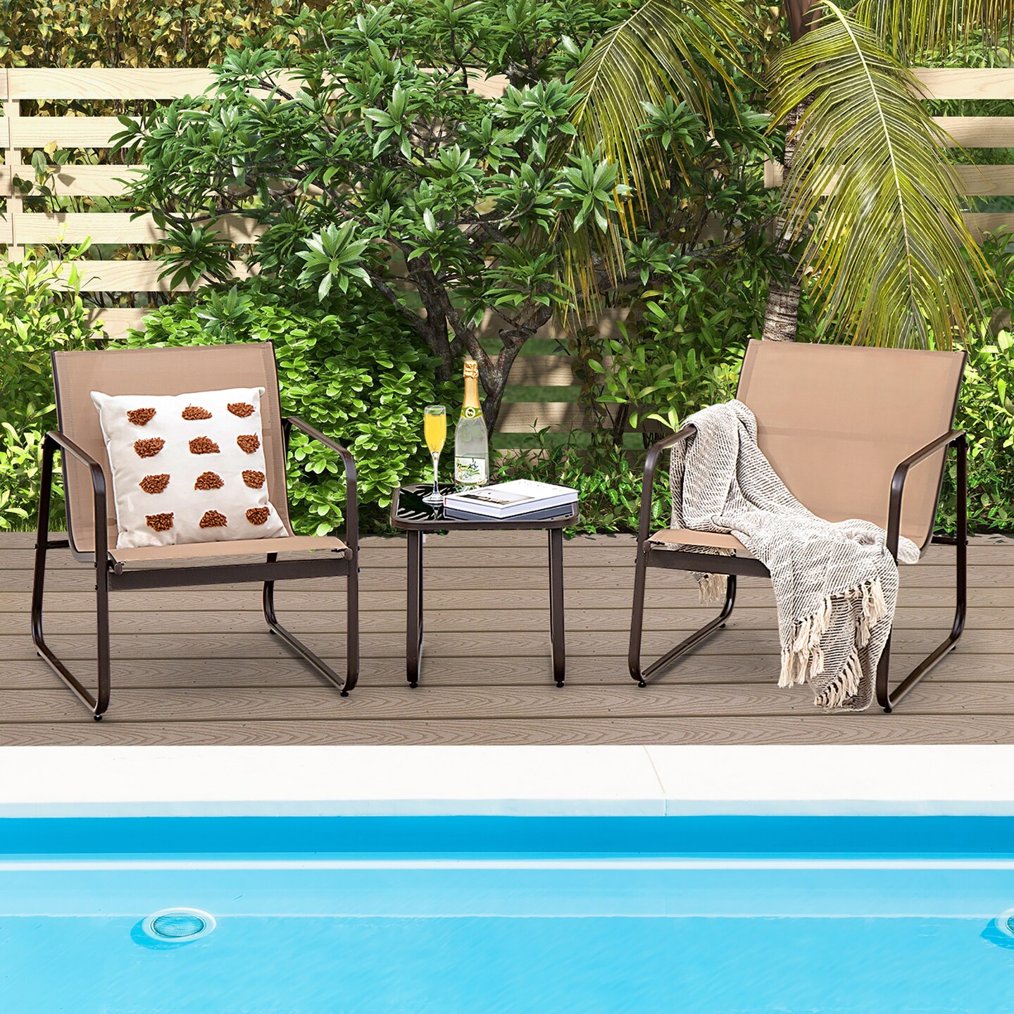 Costway 3 Pieces Patio Conversation Set Outdoor Metal Chair &#x26; Table Tempered Glass Top