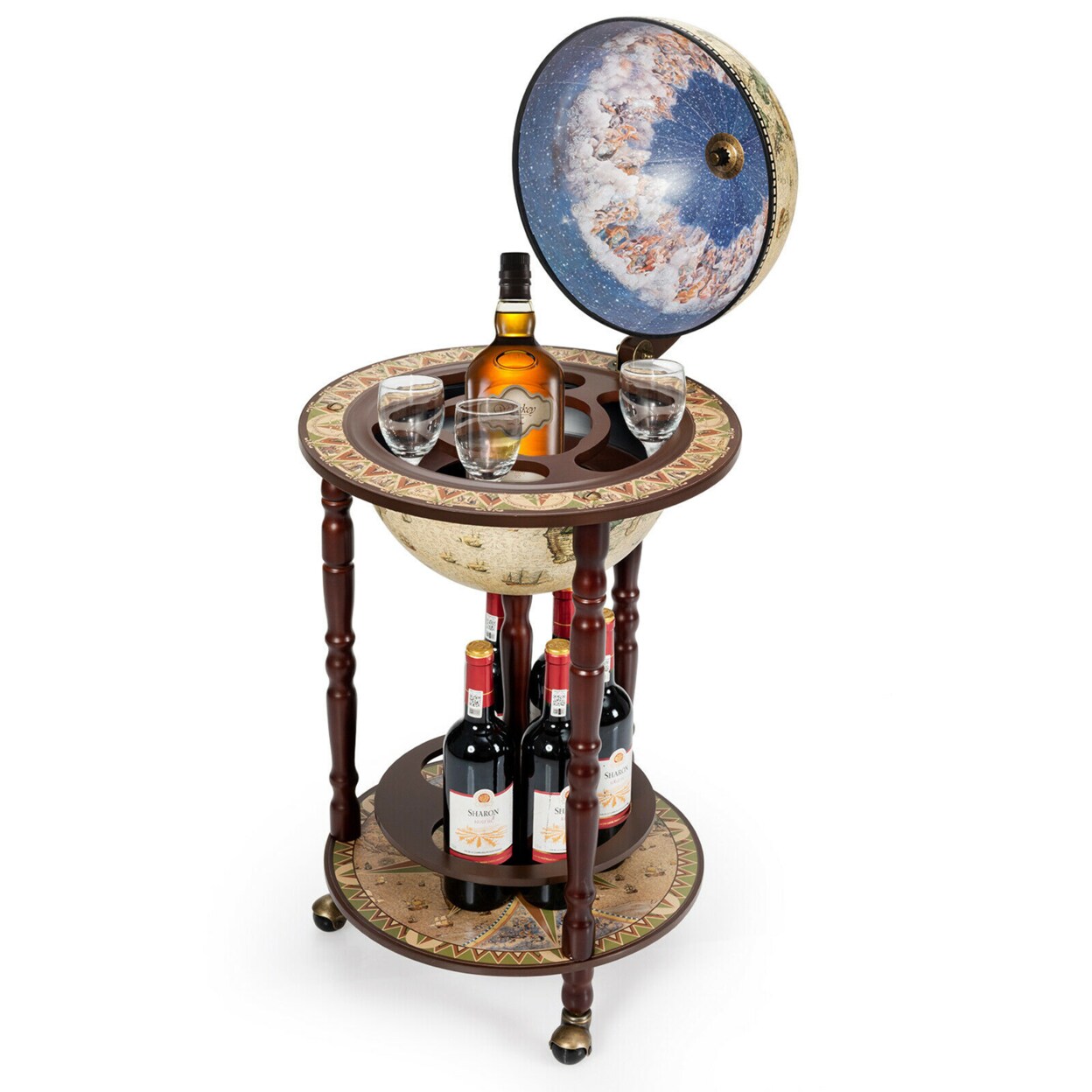 Gymax 17 Wood Globe Wine Bar Stand 16th Century Italian Rack Liquor Bottle Shelf Cart