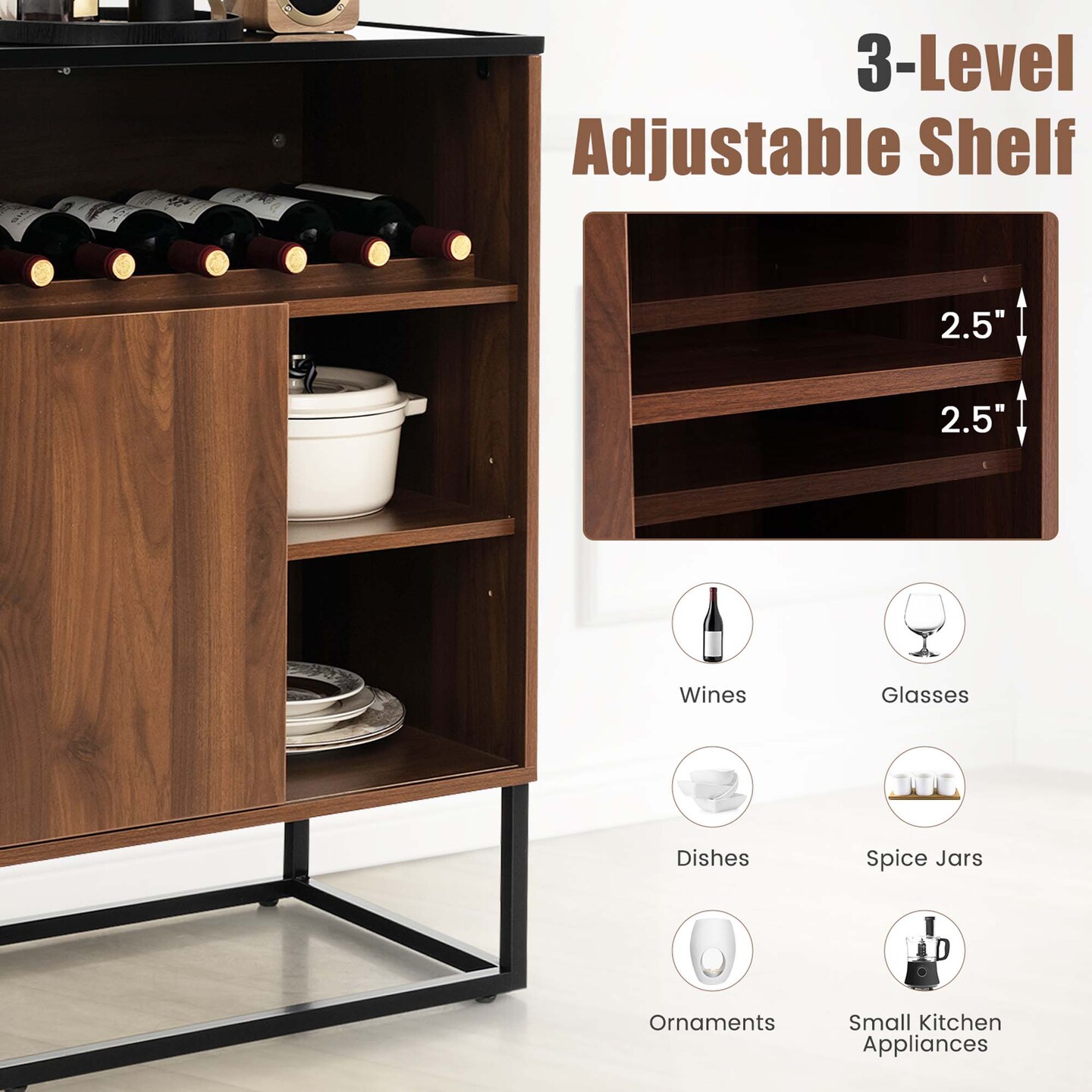Costway Wine Storage Cabinet Buffet Sideboard with Adjustable Shelf &#x26; Sliding Door Kitchen