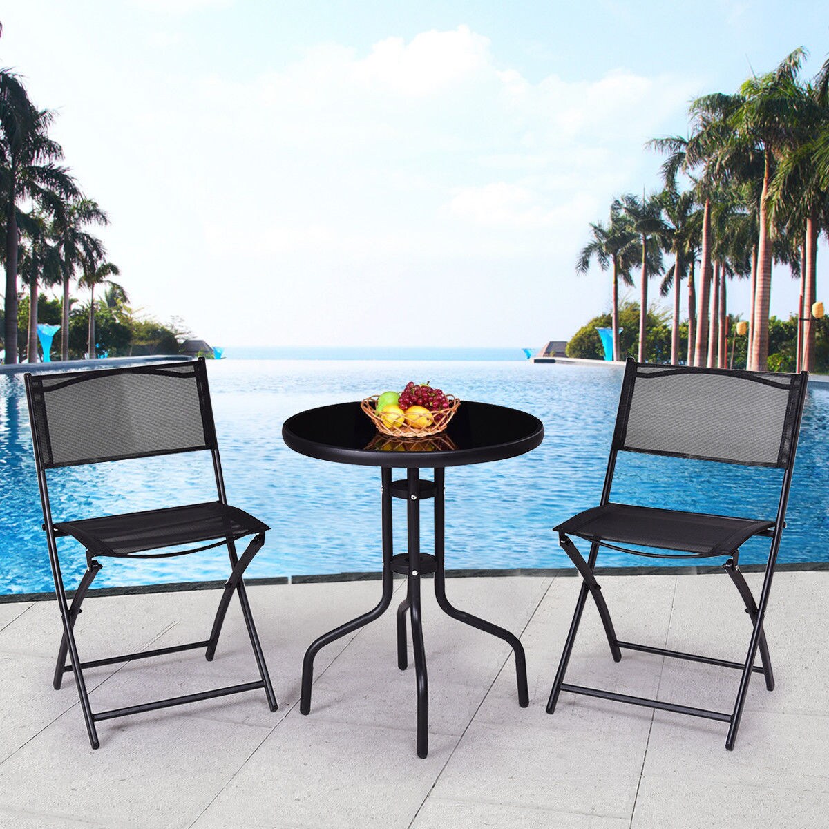 3 Pcs Bistro Set Garden Backyard Table Folding Chairs Outdoor Patio Furniture