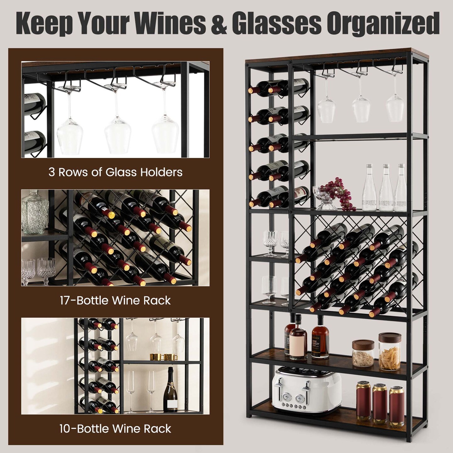 Costway Industrial Wine Rack Multi-purpose Freestanding Bakers Rack with Glass Holder