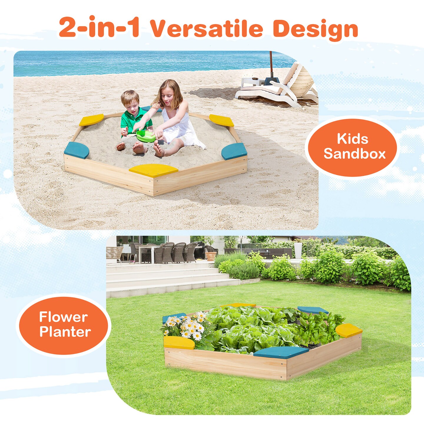 Costway Outdoor Wooden Sandbox with Seats Backyard Bottomless Sandpit for Kids Aged 3+