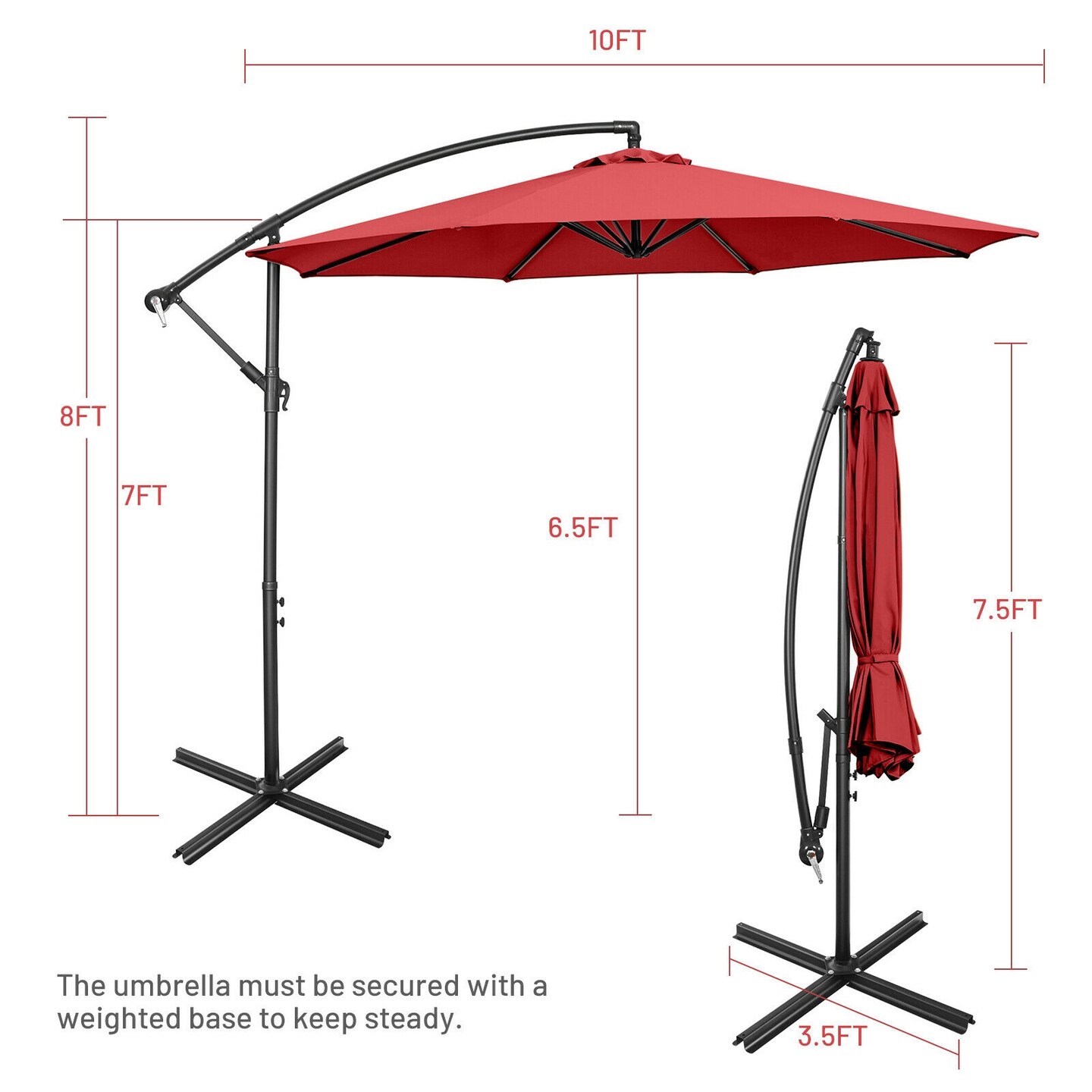 10 Feet Offset Umbrella with 8 Ribs Cantilever and Cross Base Tilt Adjustment