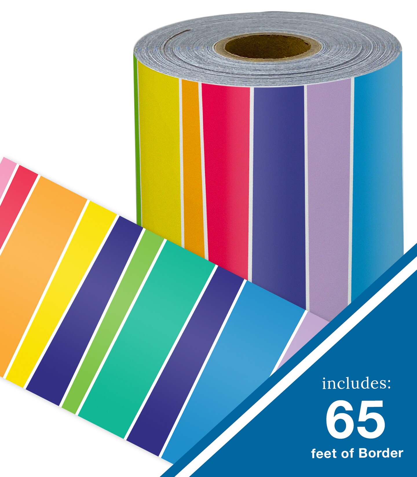 Carson Dellosa 65Ft of Striped Rainbow Bulletin Board Borders, 1 Roll of Colorful Trim for Rolling Whiteboard, Posterboard, Party Decorations, and Classroom Decor