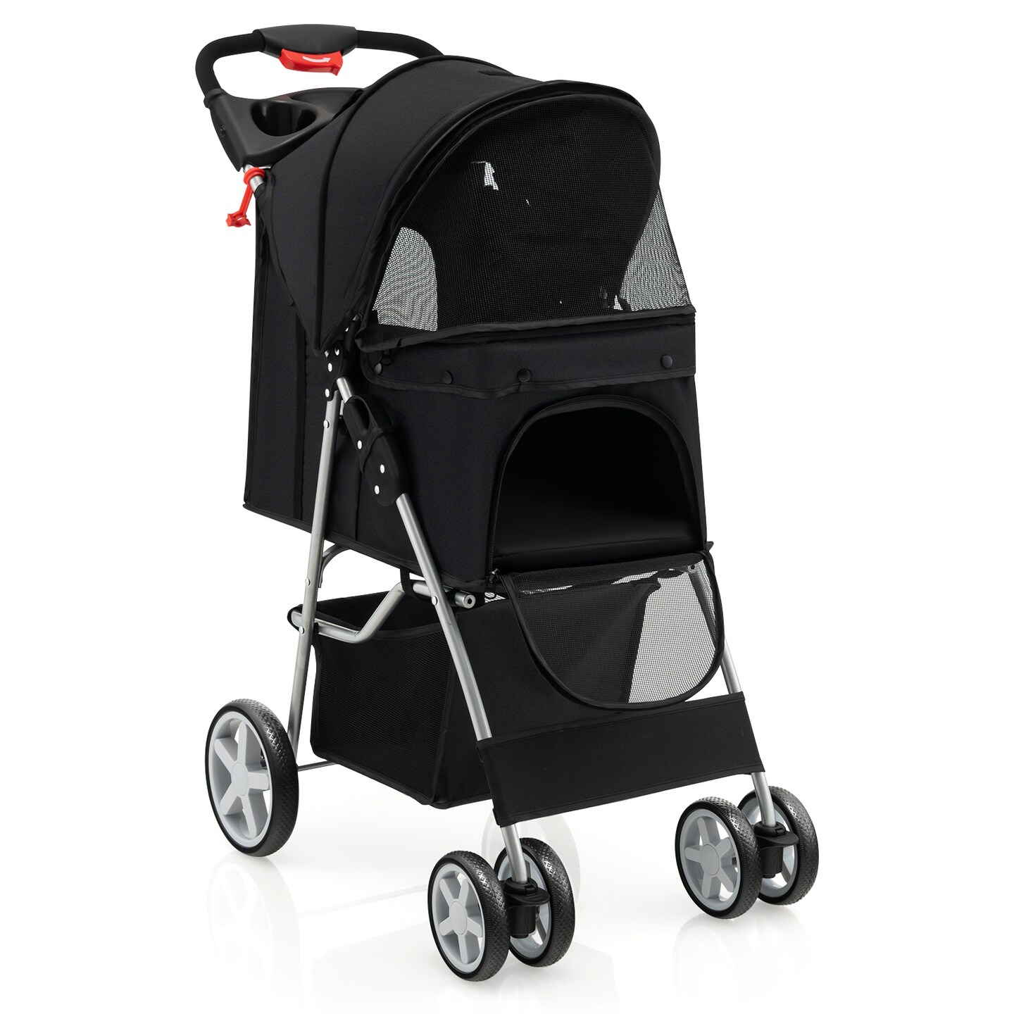 Folding Pet Stroller with Storage Basket and Adjustable Canopy
