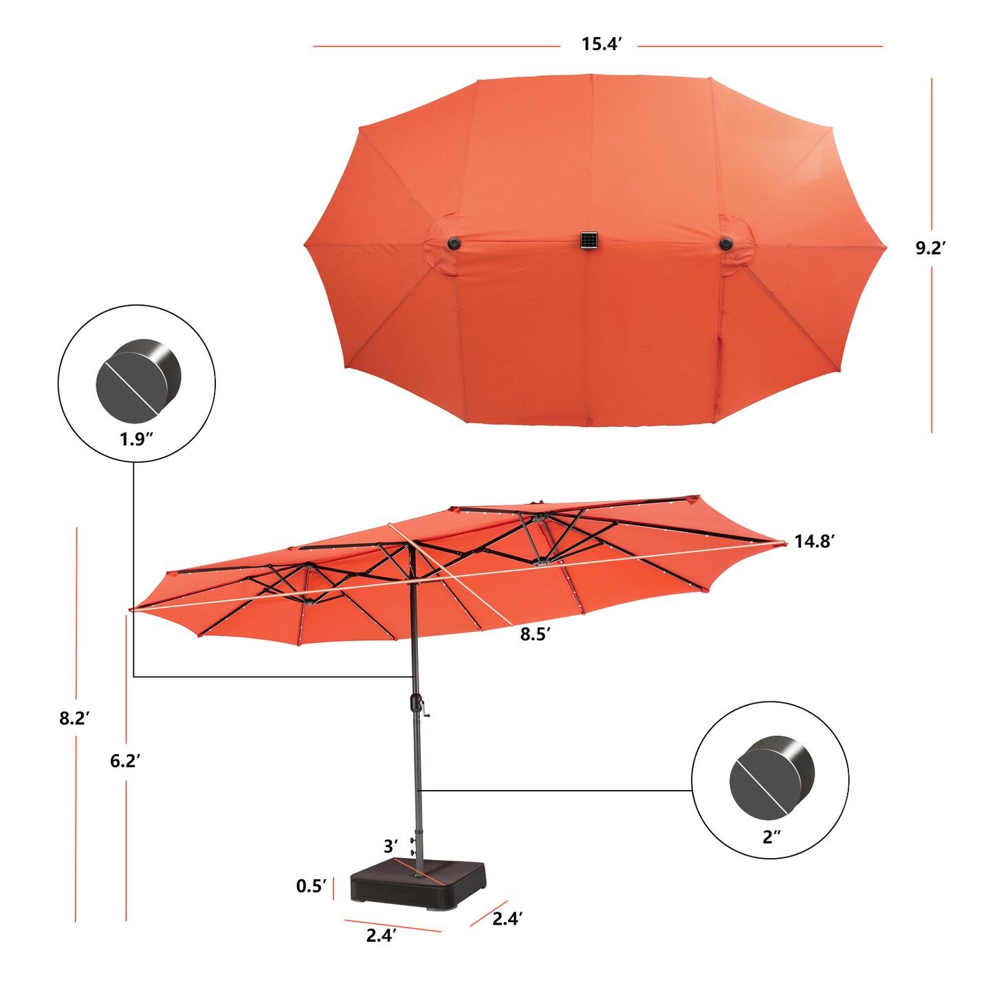 15ft Twin Patio Umbrella With Solar LED Lights Hand Crank Steel Orange