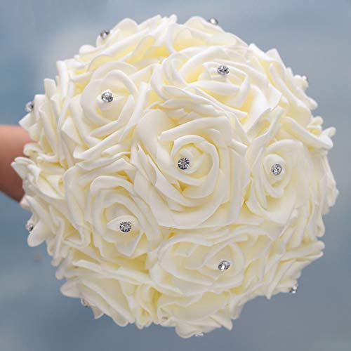 WIFELAI-A Ivory Cream Bouquet for Bride Bridesmaids with Diamond Soft Ribbons Artificial PE Rose Bridal Holding Flowers for Wedding, Party and Church(Dia:8.26inchH:10inch Ivory W2018)…