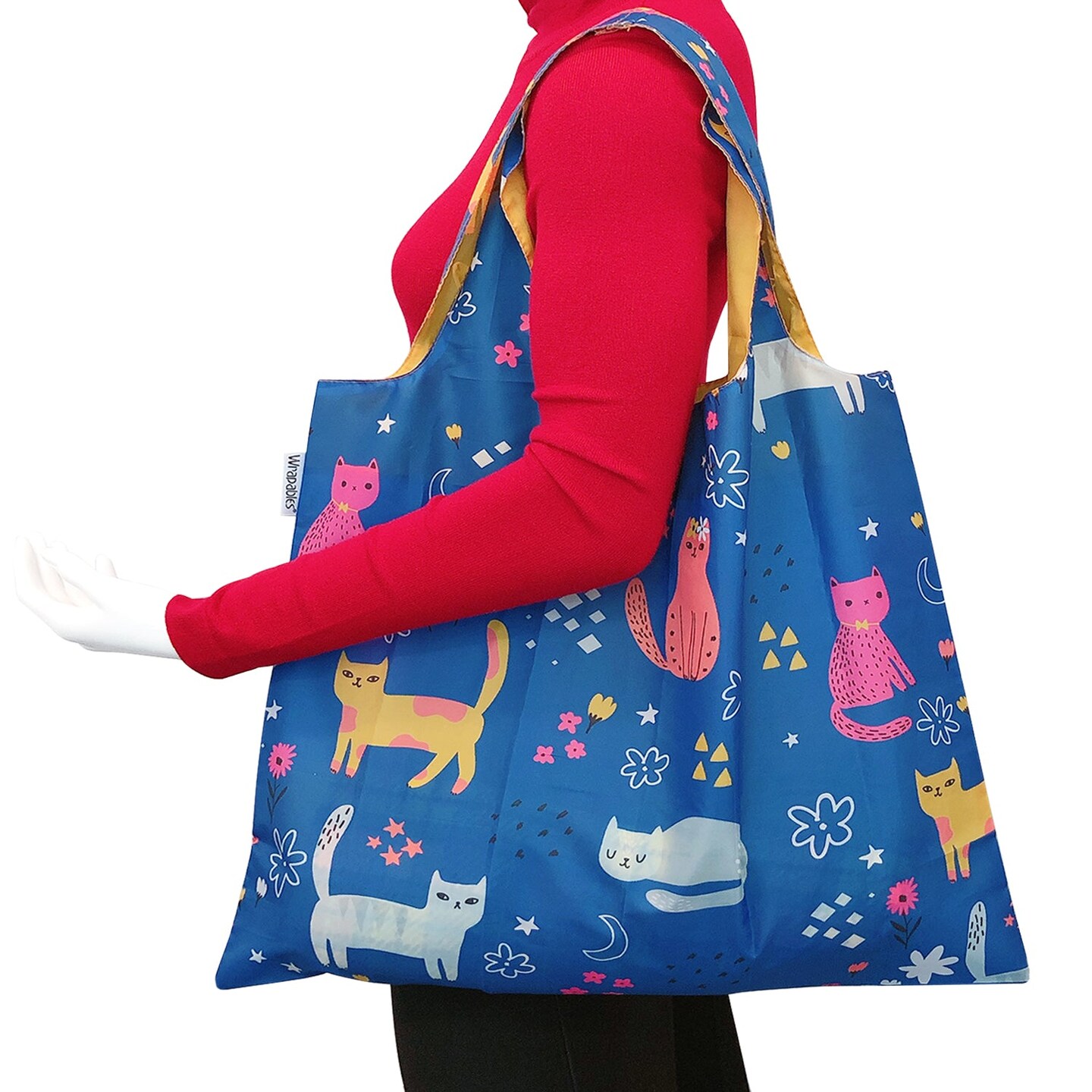 Wrapables Large Reusable Shopping Tote Bag with Outer Pouch, Cute Kitties