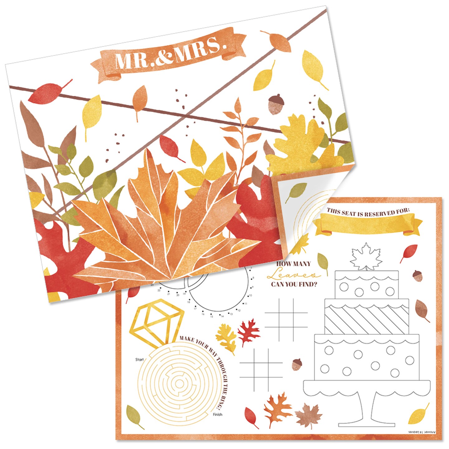 Big Dot of Happiness Fall Foliage Bride - Paper Autumn Leaves Bridal Shower and Wedding Party Coloring Sheets - Activity Placemats - Set of 16