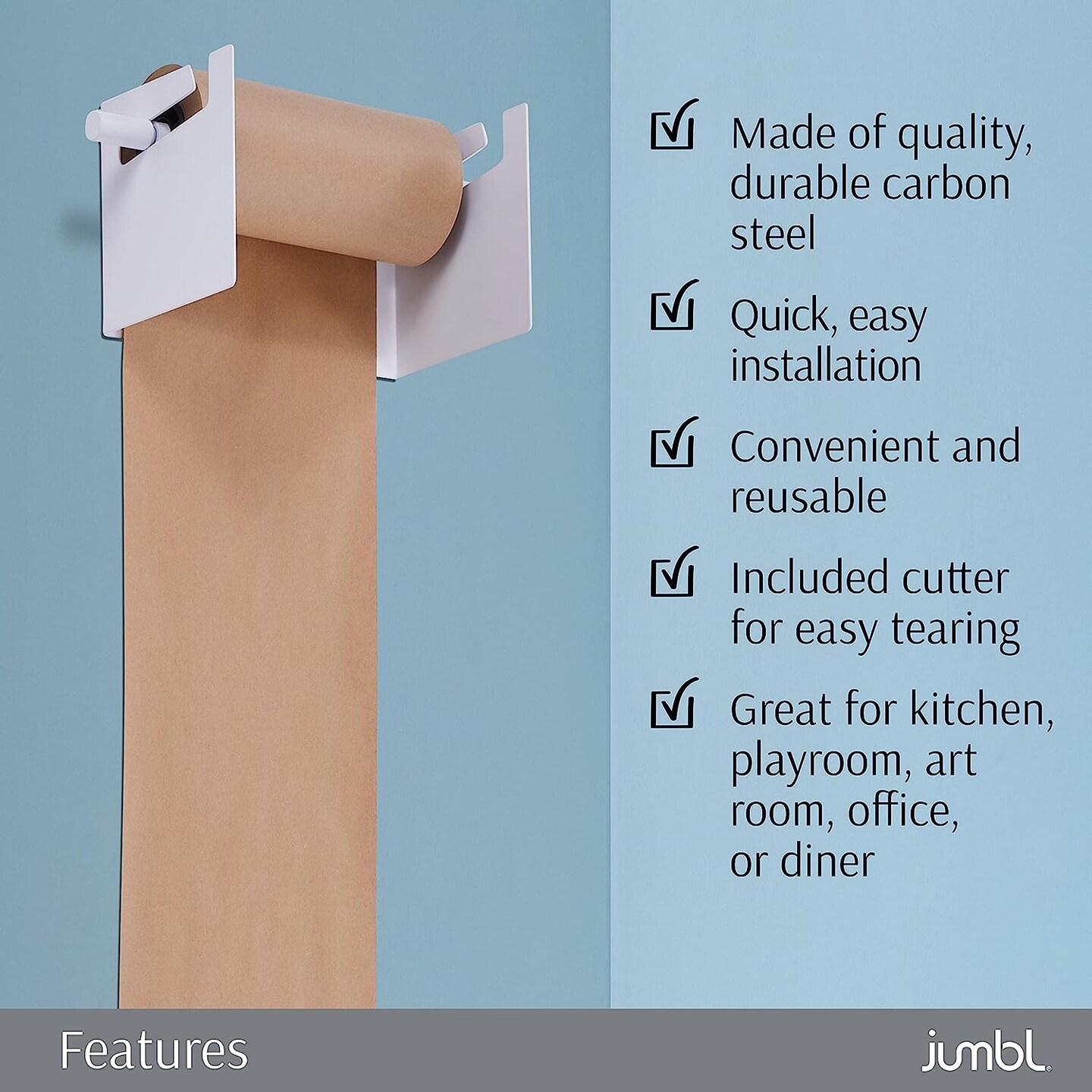 Jumbl Wall Mounted Kraft Paper Dispenser, Hanging Craft Paper Roll Holder with Paper Cutter (White)