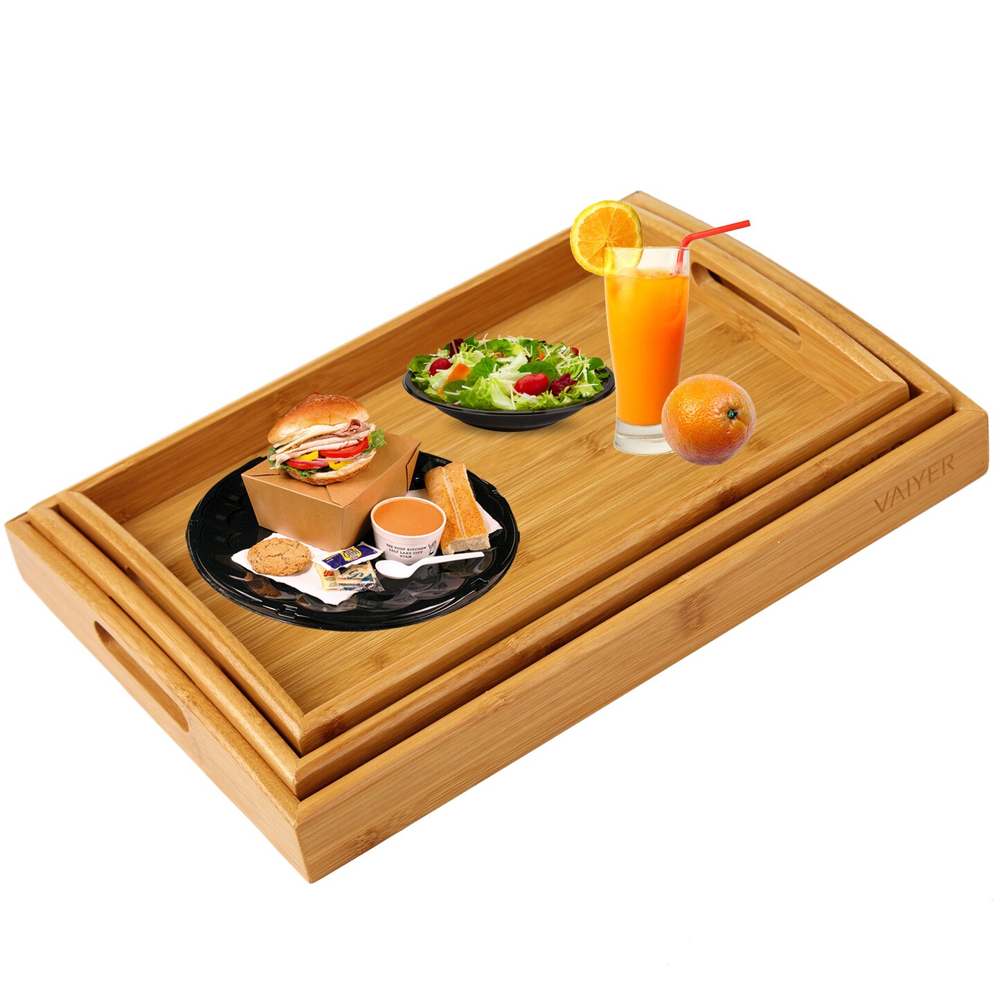 Vaiyer 3 Piece Bamboo Serving Tray Set With Handles Nesting Trays For Home Use