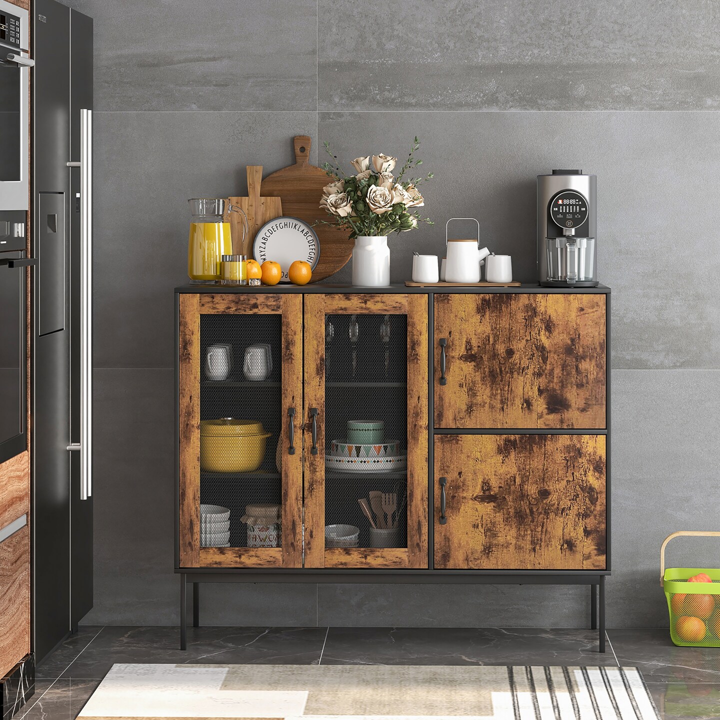 Costway Farmhouse Buffet Sideboard Console Table Cupboard with Metal Mesh Doors & Cabinets