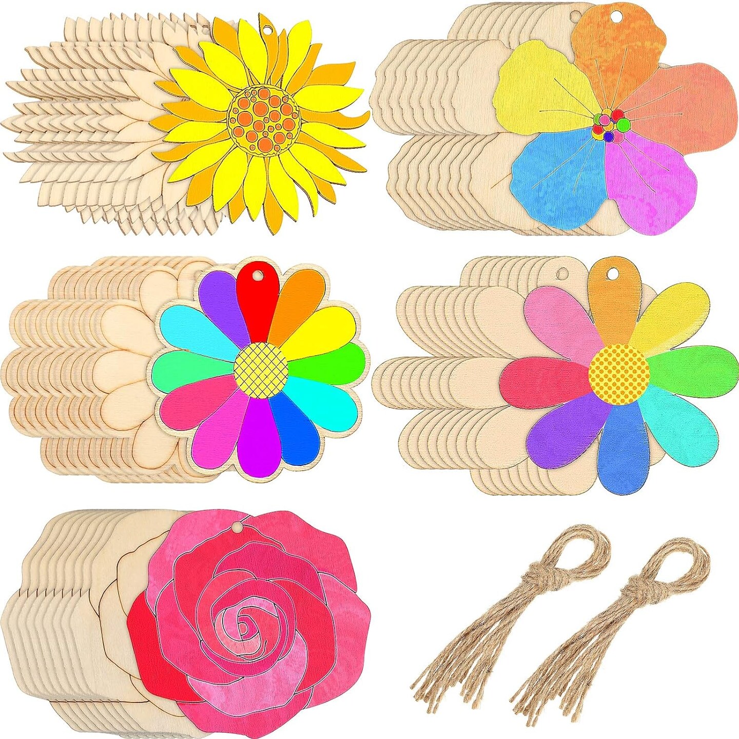 50 Pieces Flowers Unfinished Wooden Cutouts For Crafts Sunflower Wood Slices Flower Wooden Paint Crafts For Kids Painting, Diy Crafts Painting Tags Wedding Home Decorations