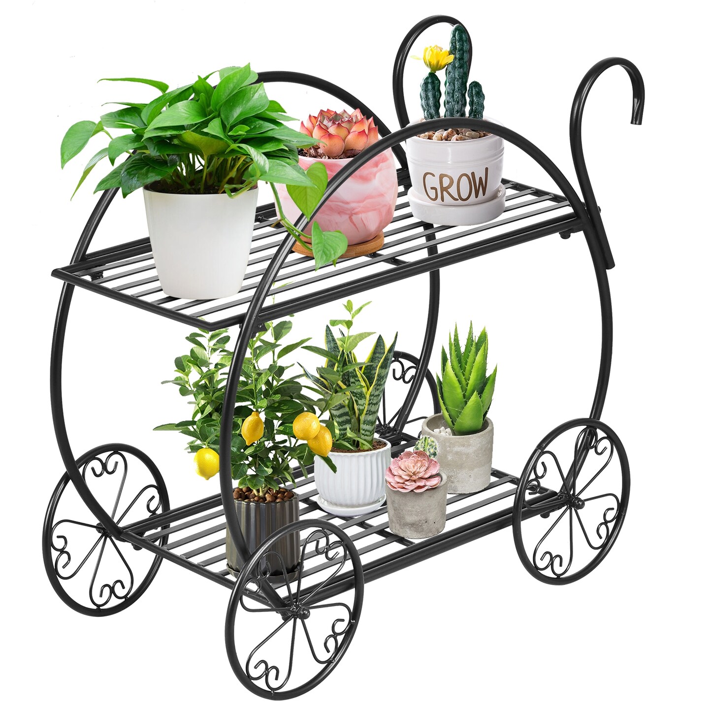 Black Heavy Duty Metal Flower Cart Plant Stand for Indoor-Outdoor Use