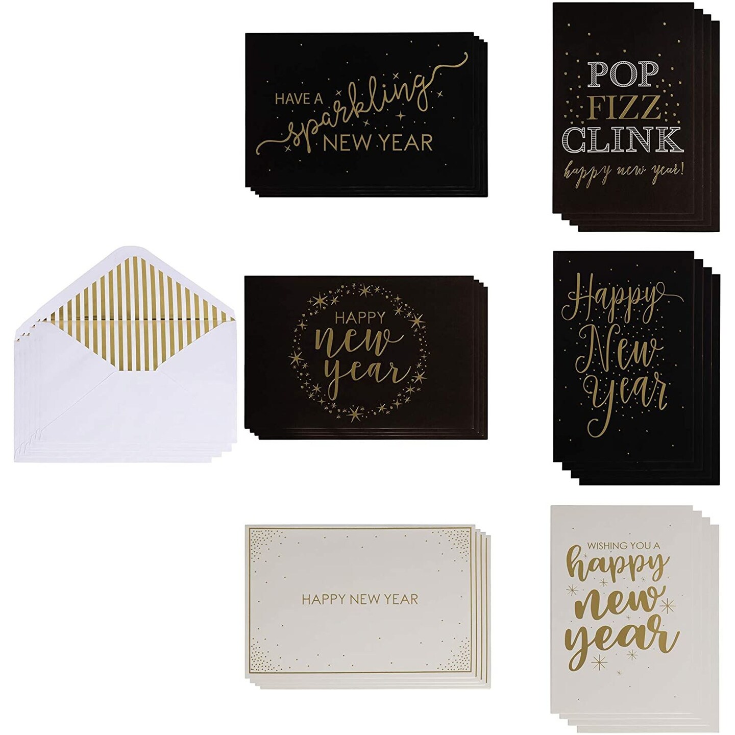 Happy New Year Blank Greeting Cards with Envelopes, Gold Foil Designs (4 x 6 In, 36 Pack)