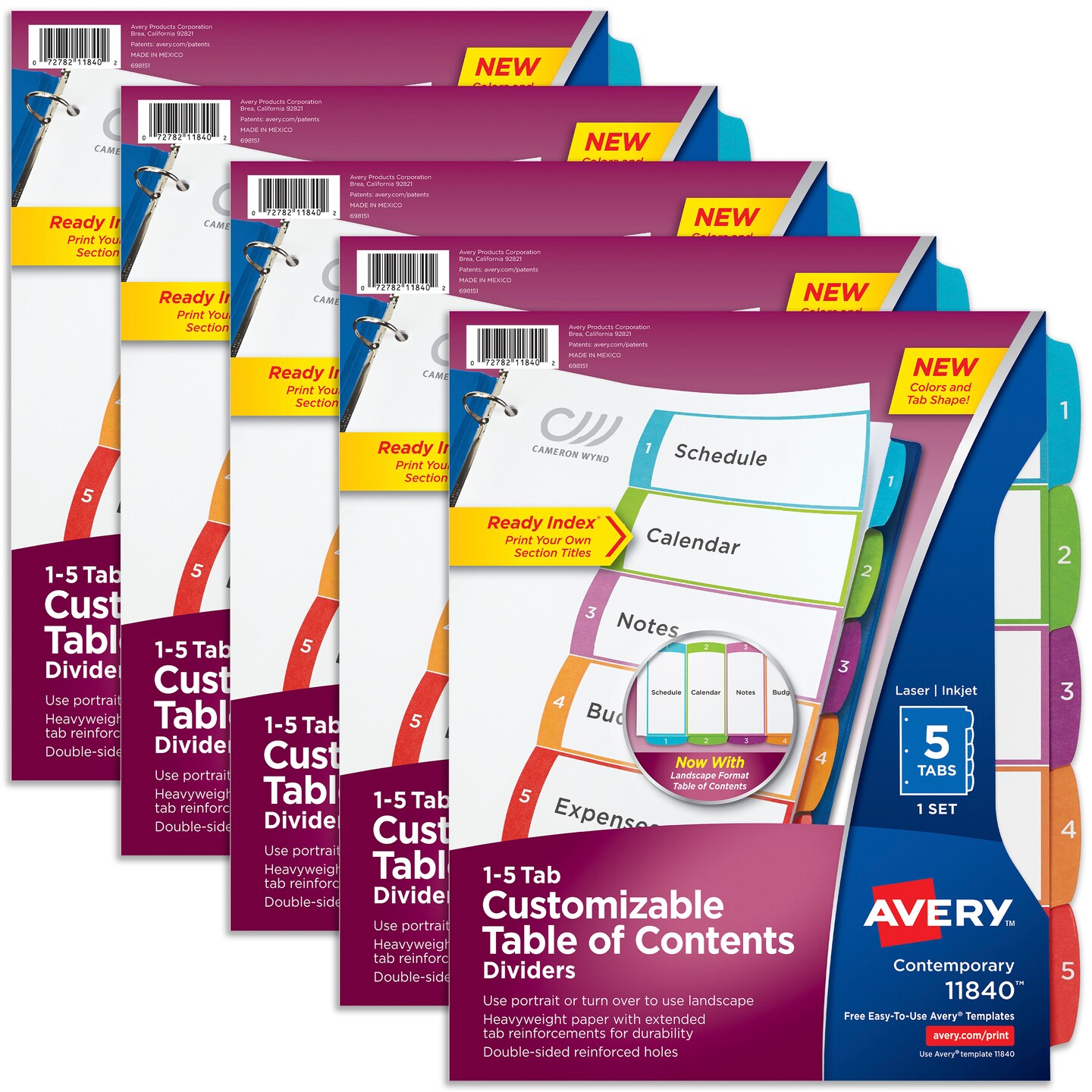 Avery 5 Tab Dividers for 3 Ring Binders, Customizable Table of Contents,  Multicolor Tabs, 5 Packs, 5 Sets Total (11840)