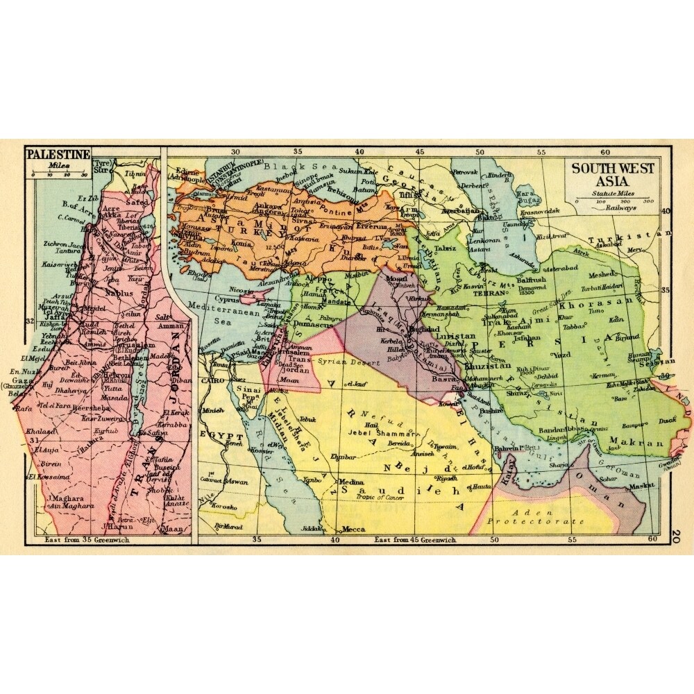 A 1930S Map Of Palestine Left And South West Asia Right. Poster Print By Hilary Jane Morgan / Design Pics