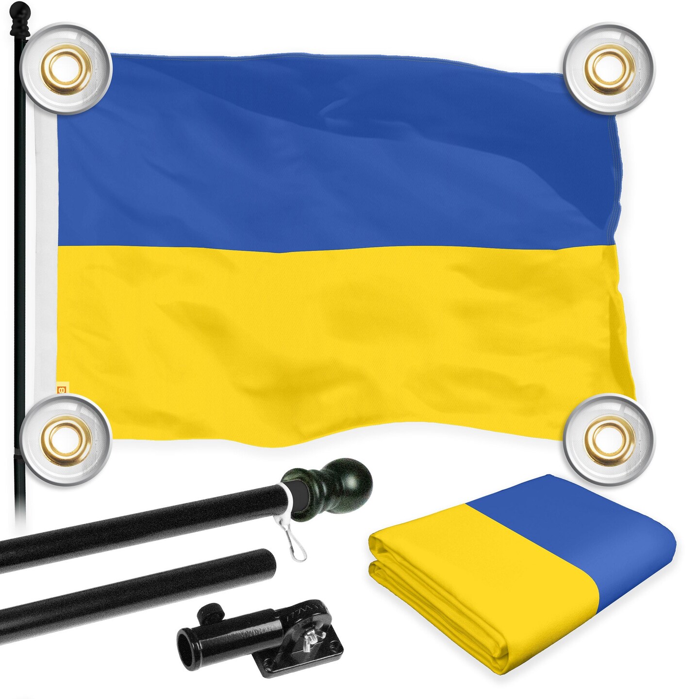 G128 Combo Pack: 6 Ft Tangle Free Aluminum Spinning Flagpole (Black) &#x26; Ukraine Ukrainian Flag 3x5 Ft, LiteWeave Pro Series Printed 150D Polyester, 4 Corner Brass Grommets | Pole with Flag Included